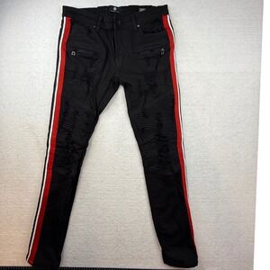 Focus On Style Black Distressed Moto Jeans Red White Stripe Men 32W 32L Y2K
